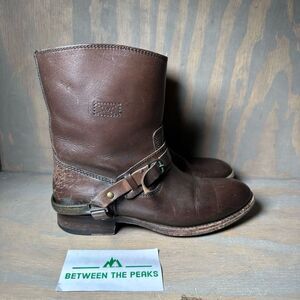 Frye Womens 5.5 Motorcycle Boots Brown Leather Straps Metal Harness Mid Calf